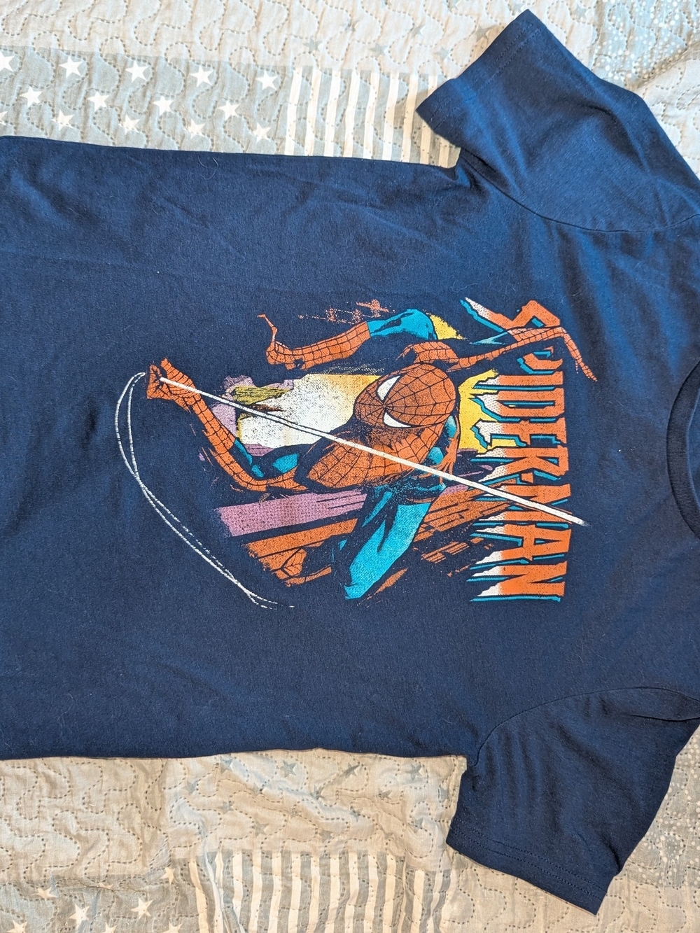 Marvel Spider-Man Graphic Crewneck Sweater Navy with Orange, Blue, White Accents